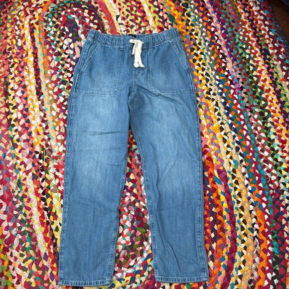 GAP Blue High Rise Elastic Drawstring Waist 100% Cotton Denim Trouser Pants - Picture 2 of 5